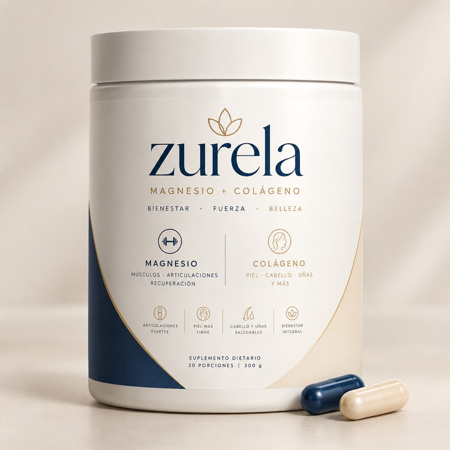 Pote de Zurela Magnesio + Colágeno con cápsulas azul y marfil
