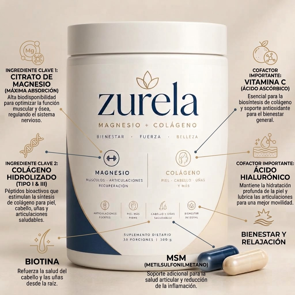 Ingredientes de Zurela: citrato de magnesio, colágeno hidrolizado tipo I y III, vitamina C, ácido hialurónico, biotina y MSM