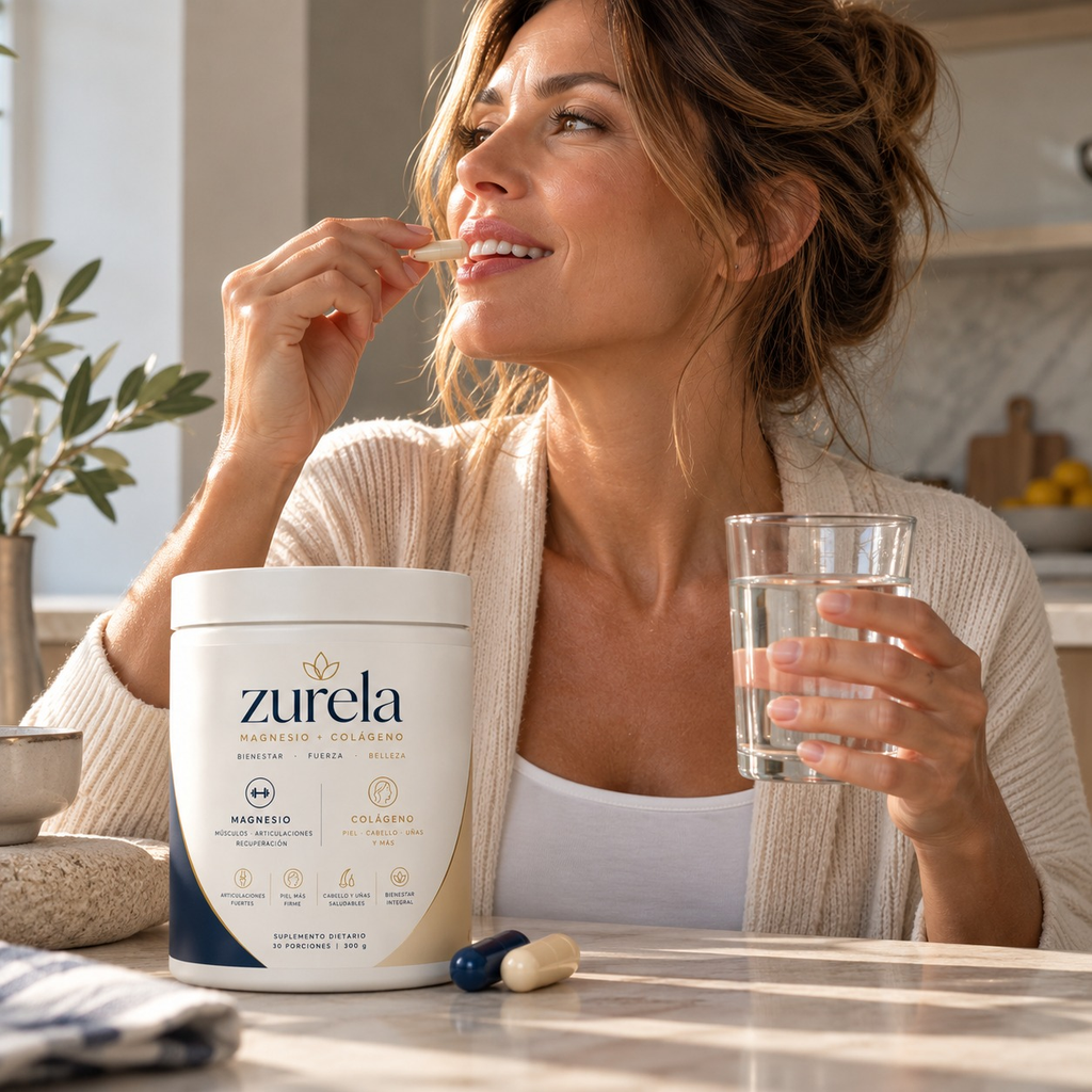Mujer tomando una cápsula de Zurela Magnesio + Colágeno con un vaso de agua